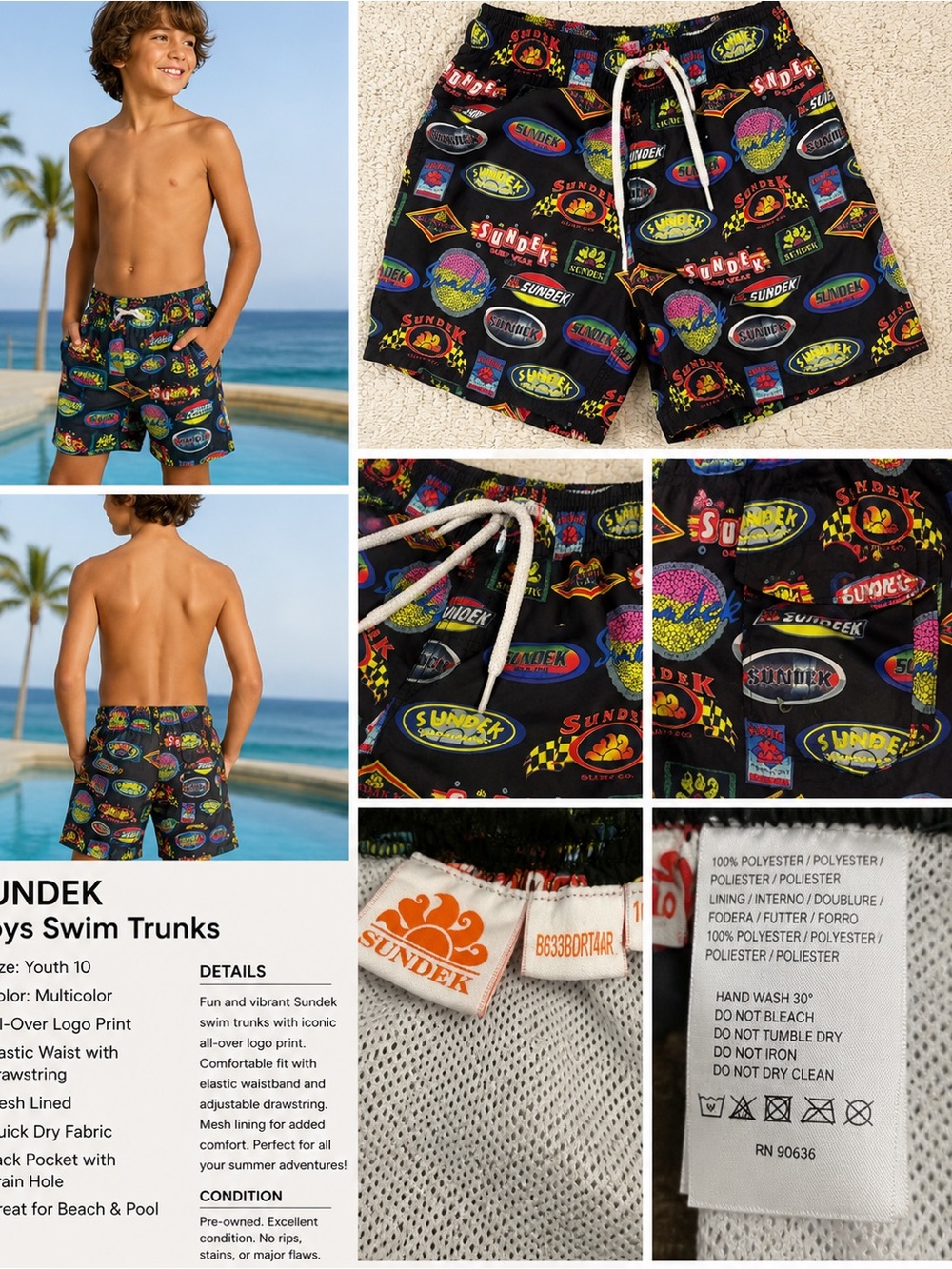 Sundek Boys Size 10 Logo Print Swim Trunks Board Shorts Multicolor Surf Swimwear